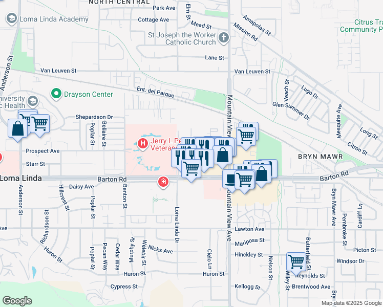 map of restaurants, bars, coffee shops, grocery stores, and more near 25545 Prospect Avenue in Loma Linda