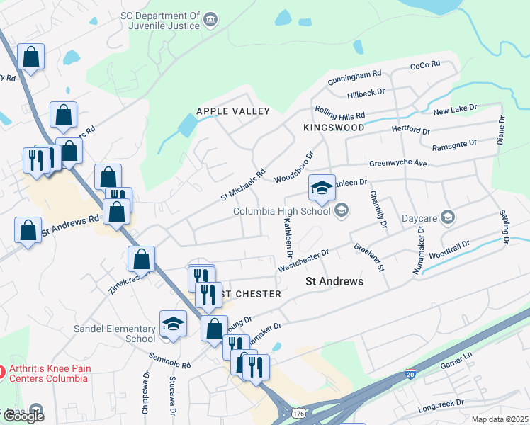 map of restaurants, bars, coffee shops, grocery stores, and more near 216 Luther Road in Columbia