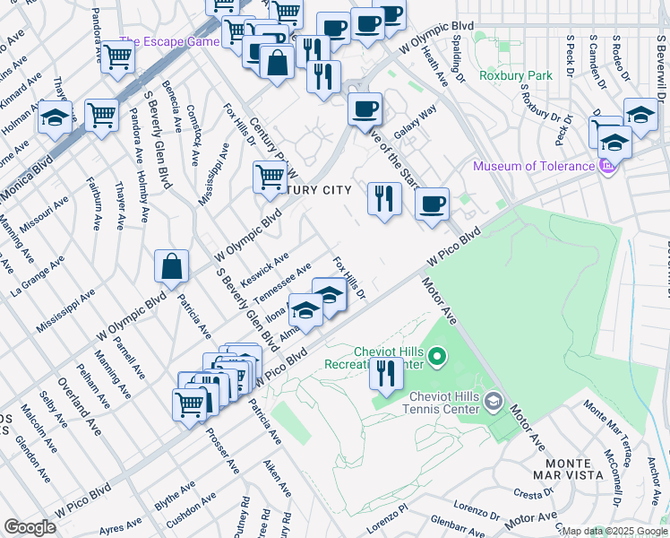 map of restaurants, bars, coffee shops, grocery stores, and more near 10303 Ilona Avenue in Los Angeles