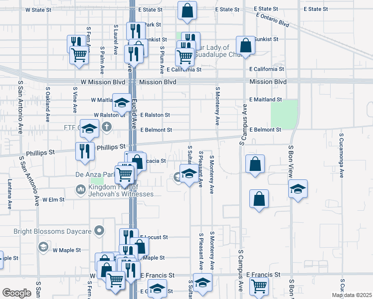 map of restaurants, bars, coffee shops, grocery stores, and more near 1320 South Sultana Avenue in Ontario