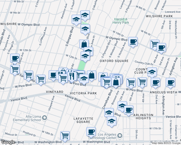 map of restaurants, bars, coffee shops, grocery stores, and more near 1230 South Lucerne Boulevard in Los Angeles