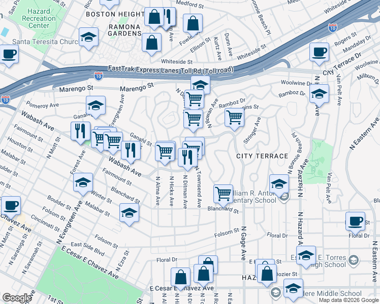 map of restaurants, bars, coffee shops, grocery stores, and more near 3353 City Terrace Drive in Los Angeles