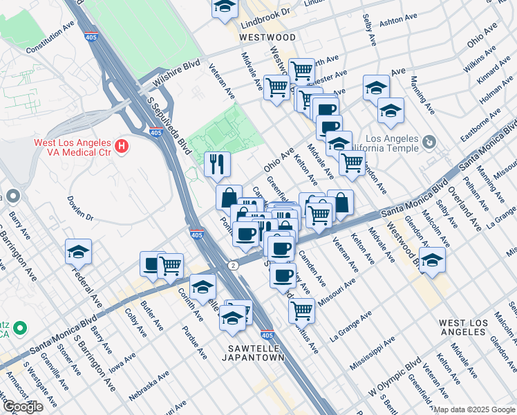 map of restaurants, bars, coffee shops, grocery stores, and more near 11033 Massachusetts Avenue in Los Angeles
