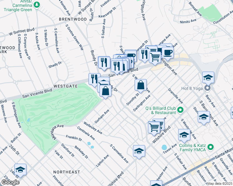 map of restaurants, bars, coffee shops, grocery stores, and more near 836 South Bundy Drive in Los Angeles