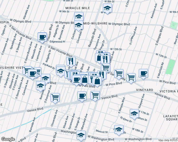 map of restaurants, bars, coffee shops, grocery stores, and more near 1290 South Sycamore Avenue in Los Angeles