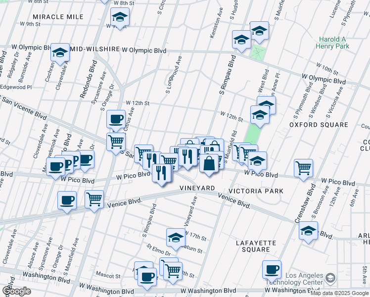 map of restaurants, bars, coffee shops, grocery stores, and more near 1339 South Hudson Avenue in Los Angeles