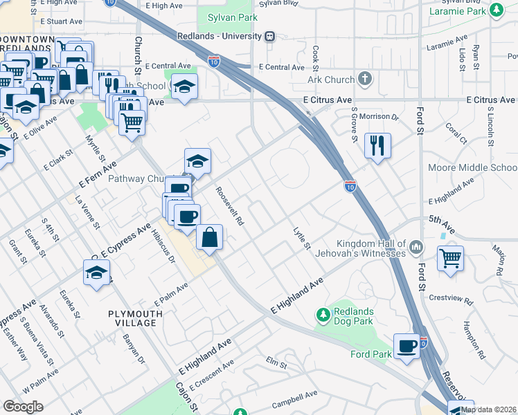map of restaurants, bars, coffee shops, grocery stores, and more near 712 Bermuda Drive in Redlands