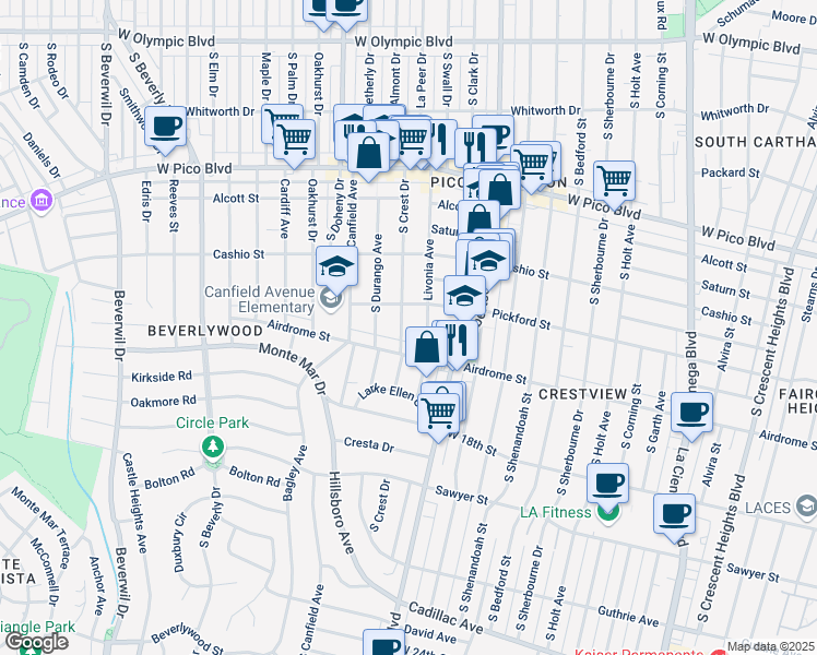 map of restaurants, bars, coffee shops, grocery stores, and more near 1626 South Crest Drive in Los Angeles