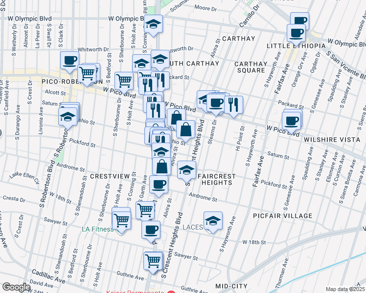 map of restaurants, bars, coffee shops, grocery stores, and more near 6082 Cashio Street in Los Angeles