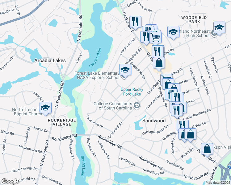 map of restaurants, bars, coffee shops, grocery stores, and more near 6708 Westbrook Road in Columbia
