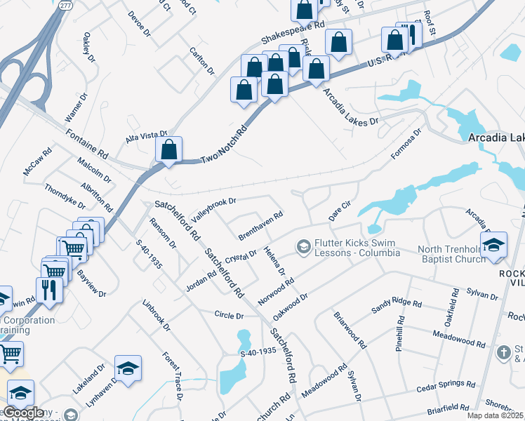 map of restaurants, bars, coffee shops, grocery stores, and more near 6605 Vanwood Drive in Columbia