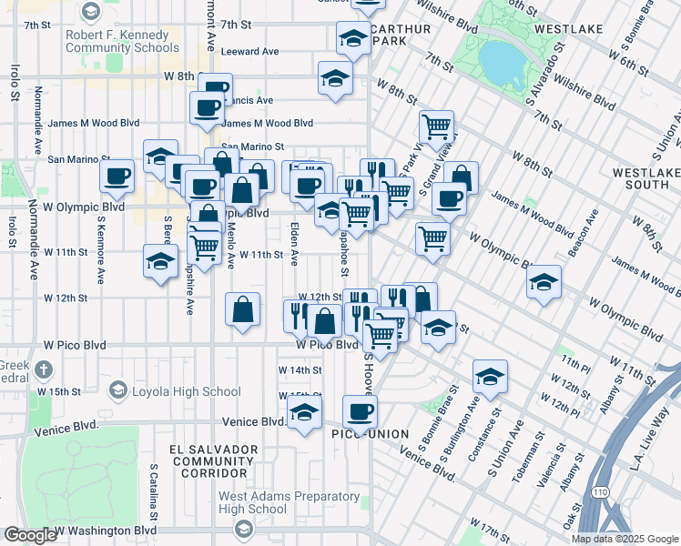 map of restaurants, bars, coffee shops, grocery stores, and more near 1125 Arapahoe Street in Los Angeles