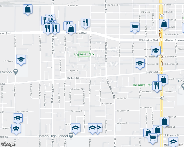 map of restaurants, bars, coffee shops, grocery stores, and more near 1245 South Cypress Avenue in Ontario
