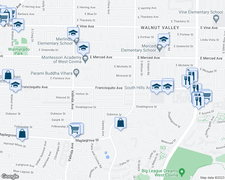 map of restaurants, bars, coffee shops, grocery stores, and more near 16738 Francisquito Avenue in Valinda