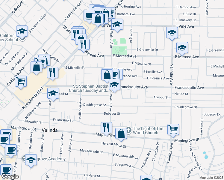 map of restaurants, bars, coffee shops, grocery stores, and more near 1726 South Walnut Avenue in La Puente