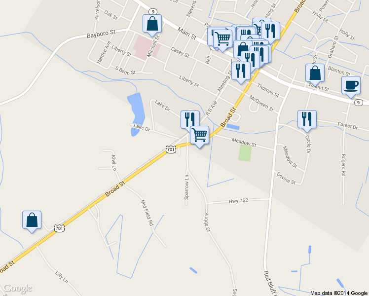 map of restaurants, bars, coffee shops, grocery stores, and more near 385 U.S. 701 in Loris