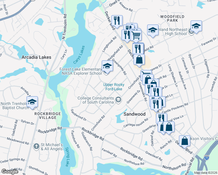 map of restaurants, bars, coffee shops, grocery stores, and more near 6718 Brookfield Road in Columbia