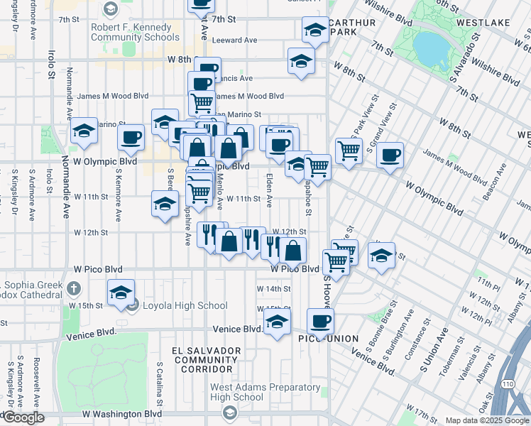 map of restaurants, bars, coffee shops, grocery stores, and more near 1131 Elden Avenue in Los Angeles