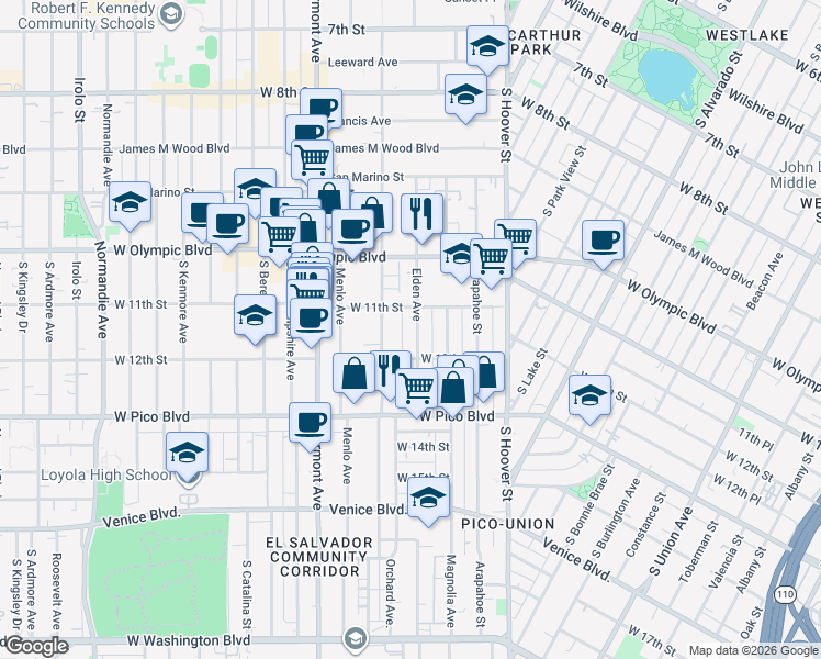 map of restaurants, bars, coffee shops, grocery stores, and more near 1126 South Westmoreland Avenue in Los Angeles