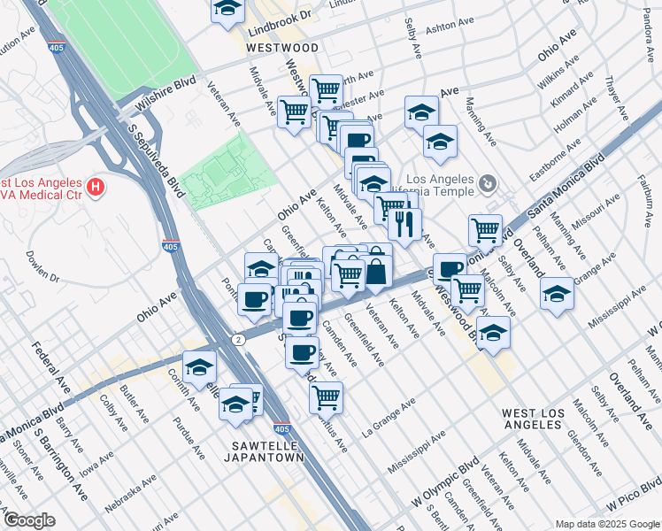 map of restaurants, bars, coffee shops, grocery stores, and more near 1641 Veteran Avenue in Los Angeles