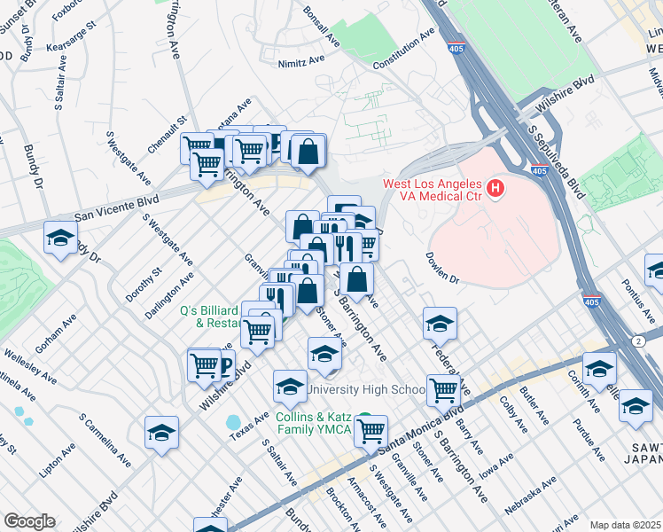 map of restaurants, bars, coffee shops, grocery stores, and more near 1168 South Barrington Avenue in Los Angeles