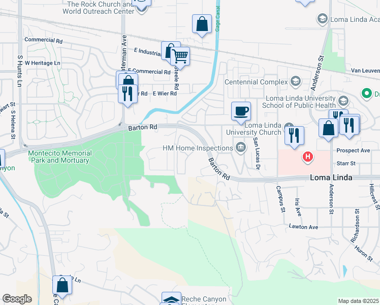 map of restaurants, bars, coffee shops, grocery stores, and more near 11171 Oakwood Drive in Loma Linda