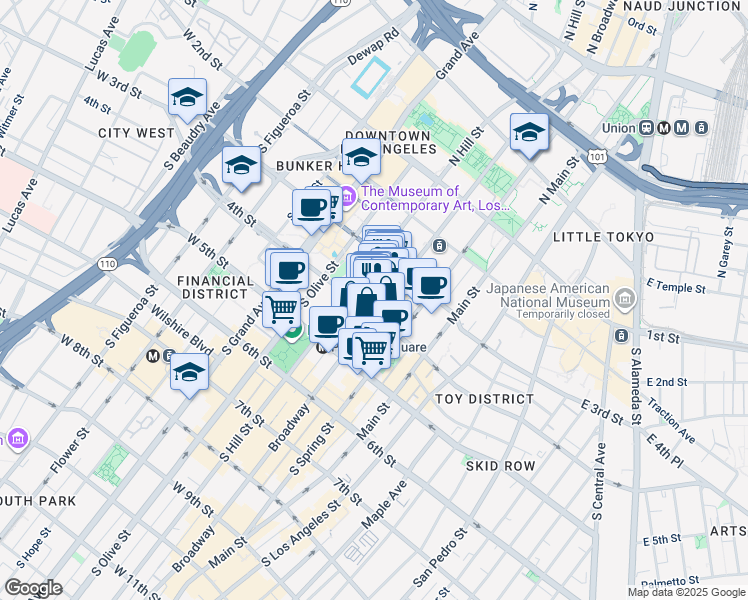 map of restaurants, bars, coffee shops, grocery stores, and more near 351 South Broadway in Los Angeles