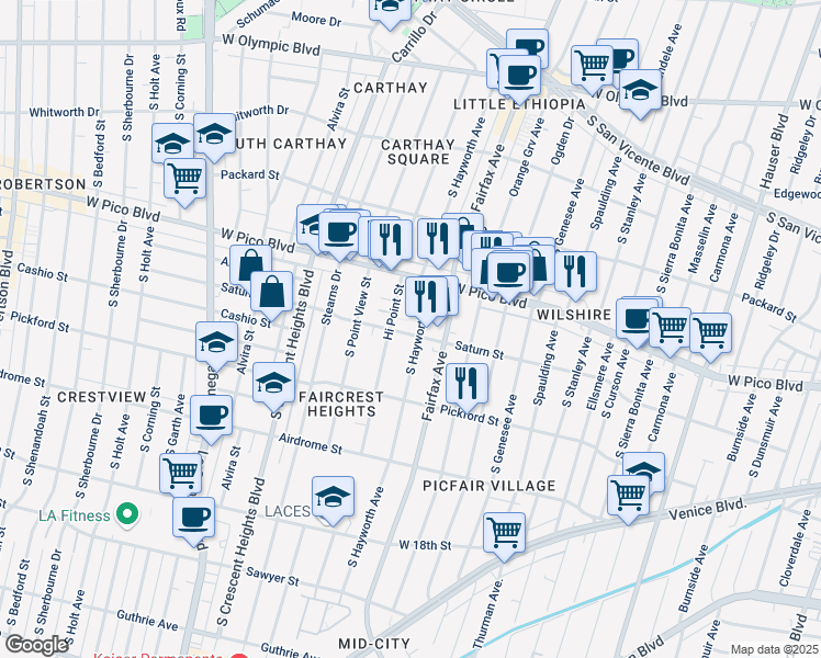 map of restaurants, bars, coffee shops, grocery stores, and more near 5907 Saturn Street in Los Angeles