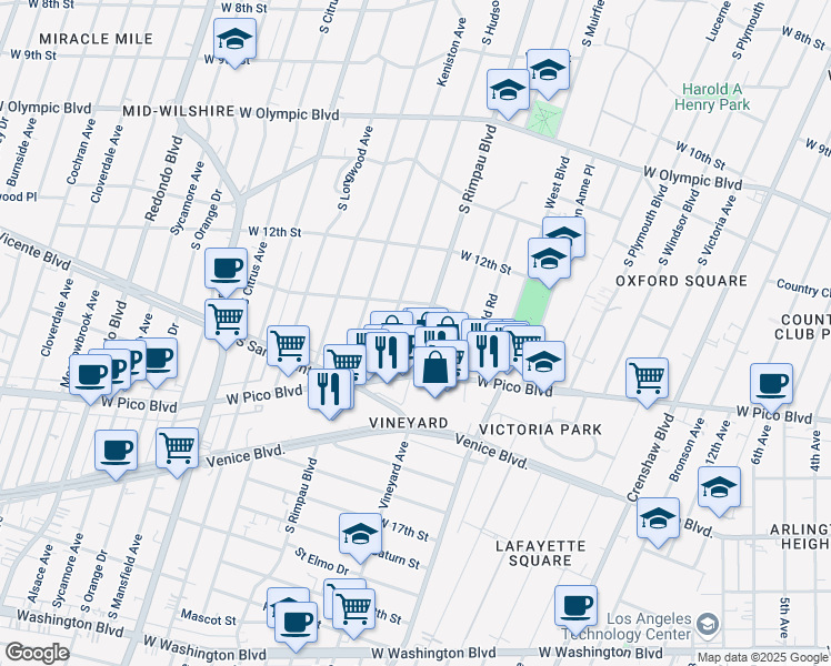 map of restaurants, bars, coffee shops, grocery stores, and more near 1333 South Rimpau Boulevard in Los Angeles