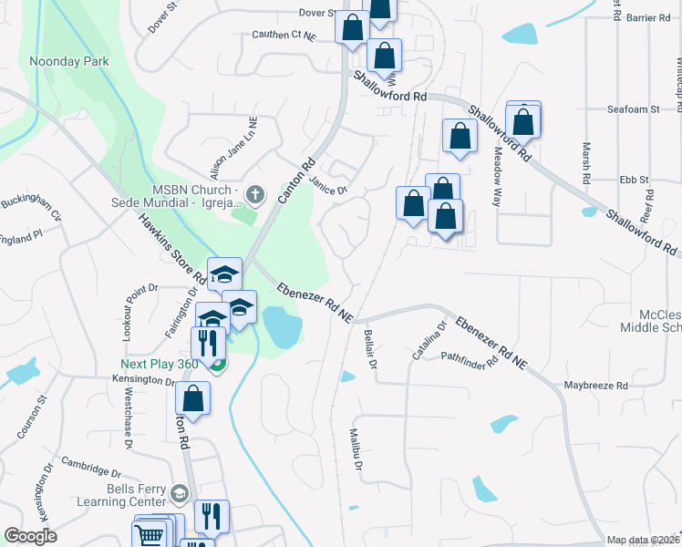 map of restaurants, bars, coffee shops, grocery stores, and more near 4053 Thornbrook Lane in Marietta