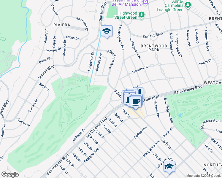 map of restaurants, bars, coffee shops, grocery stores, and more near 2555 La Mesa Drive in Santa Monica