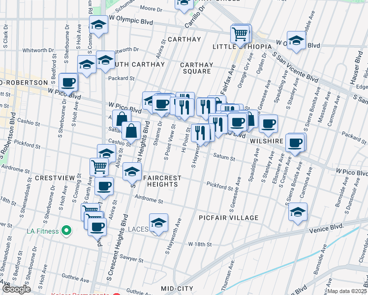 map of restaurants, bars, coffee shops, grocery stores, and more near Hi Point Street in Los Angeles