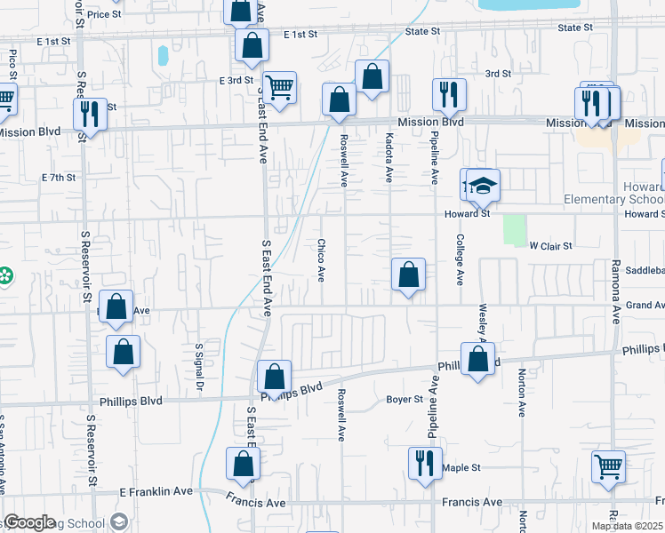 map of restaurants, bars, coffee shops, grocery stores, and more near 11211 Chico Avenue in Pomona