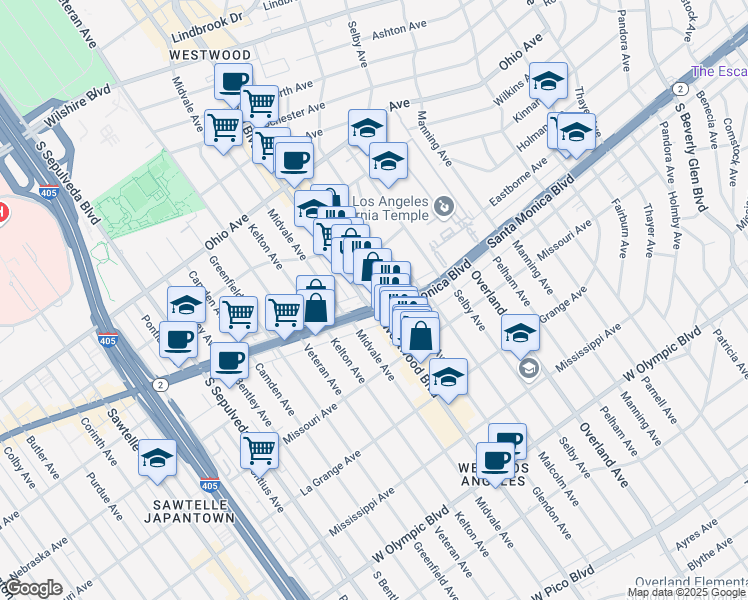 map of restaurants, bars, coffee shops, grocery stores, and more near 10857 Santa Monica Boulevard in Los Angeles