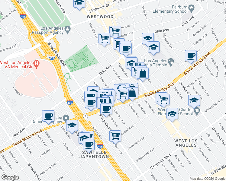 map of restaurants, bars, coffee shops, grocery stores, and more near 1641 Veteran Avenue in Los Angeles