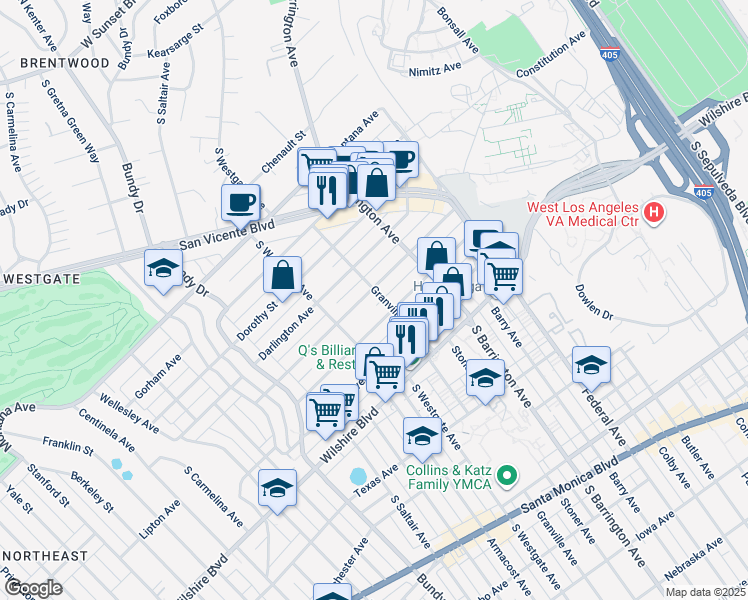 map of restaurants, bars, coffee shops, grocery stores, and more near 11820 Mayfield Avenue in Los Angeles