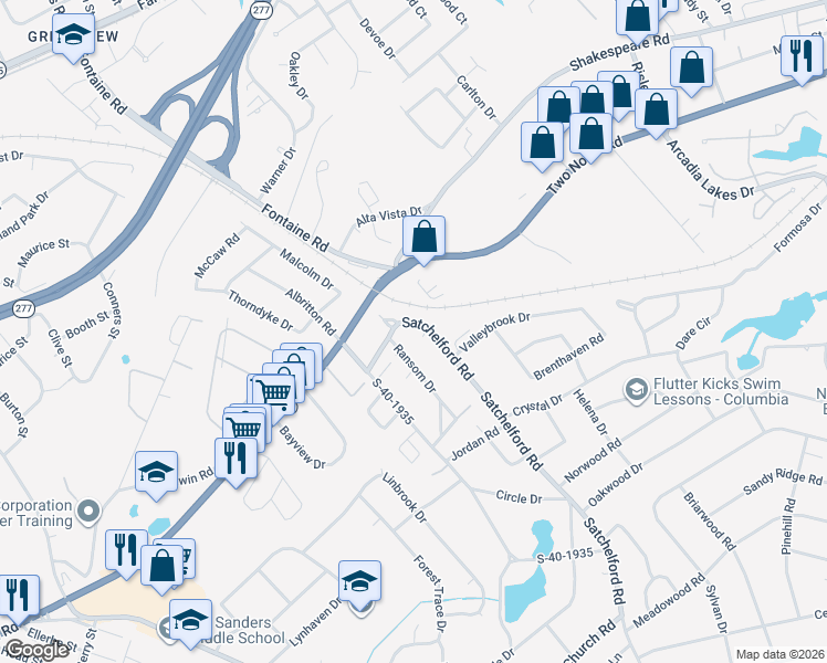 map of restaurants, bars, coffee shops, grocery stores, and more near 6819 Satchelford Road in Columbia