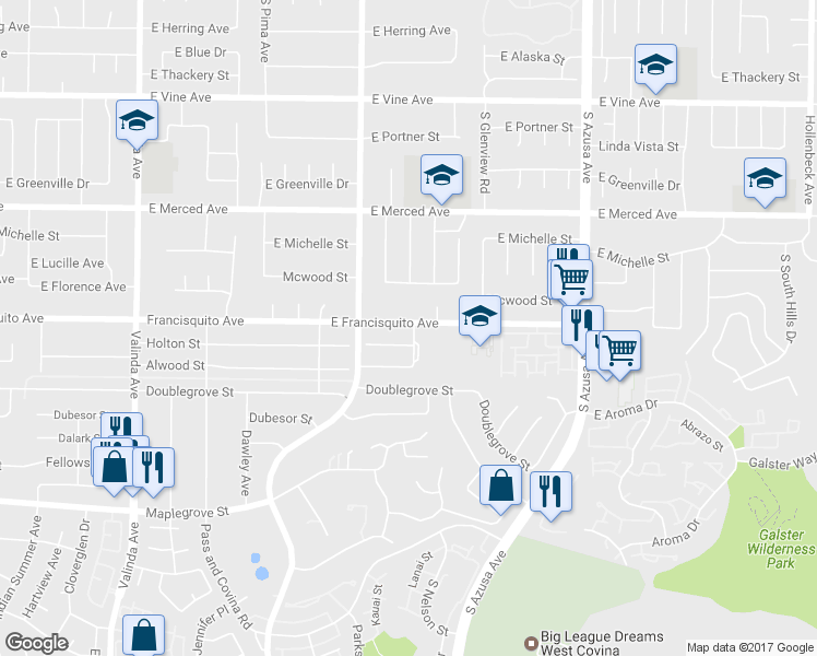 map of restaurants, bars, coffee shops, grocery stores, and more near 17102 East Francisquito Avenue in West Covina