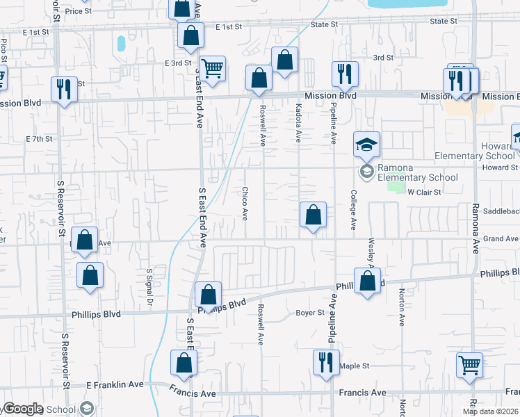 map of restaurants, bars, coffee shops, grocery stores, and more near 11212 Roswell Avenue in Pomona