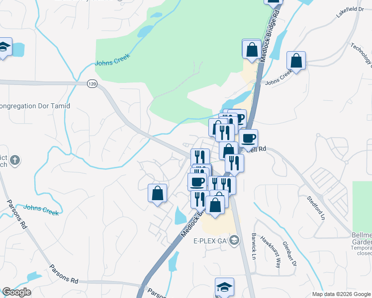 map of restaurants, bars, coffee shops, grocery stores, and more near 855 Millwork Circle in Johns Creek