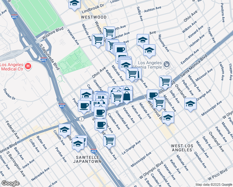 map of restaurants, bars, coffee shops, grocery stores, and more near 1650 Veteran Avenue in Los Angeles