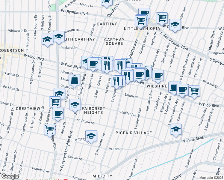 map of restaurants, bars, coffee shops, grocery stores, and more near 5907 Saturn Street in Los Angeles