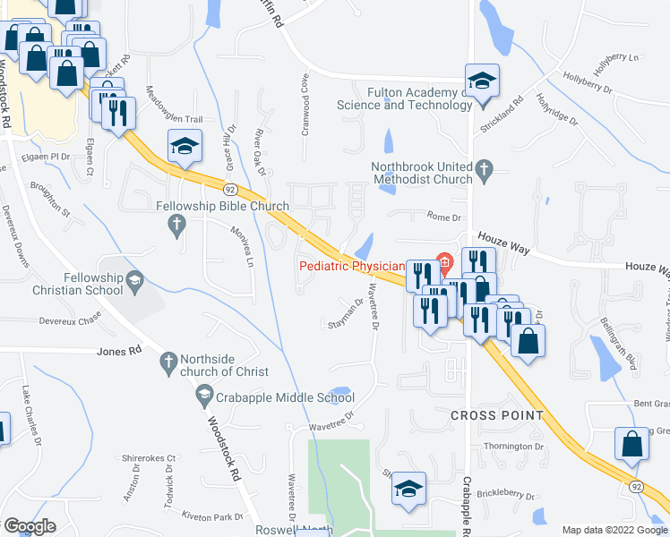 map of restaurants, bars, coffee shops, grocery stores, and more near 200 West Crossville Road in Roswell
