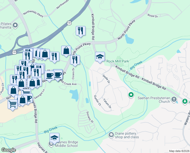 map of restaurants, bars, coffee shops, grocery stores, and more near 915 Gunter Court in Alpharetta