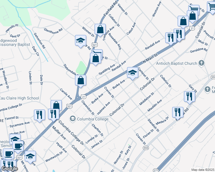 map of restaurants, bars, coffee shops, grocery stores, and more near 5102 North Main Street in Columbia