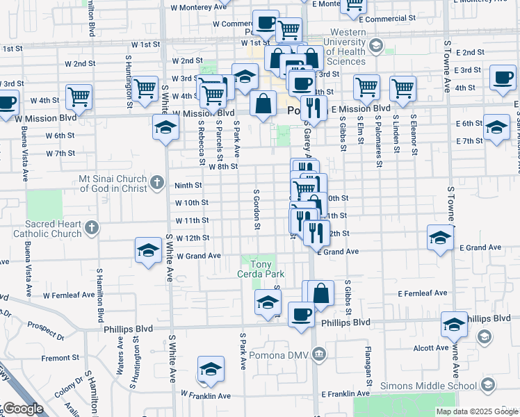 map of restaurants, bars, coffee shops, grocery stores, and more near 1048 South Gordon Street in Pomona