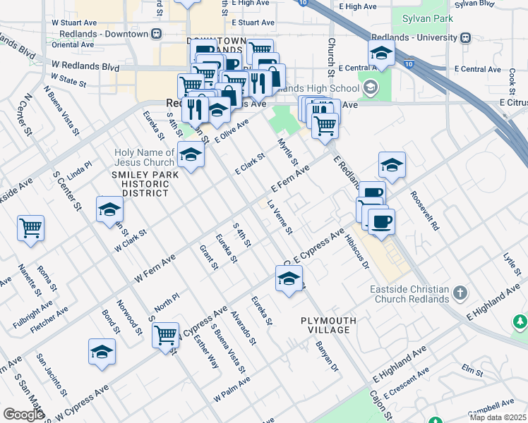 map of restaurants, bars, coffee shops, grocery stores, and more near 415 Cajon Street in Redlands