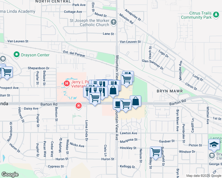 map of restaurants, bars, coffee shops, grocery stores, and more near 25675 Prospect Avenue in Loma Linda