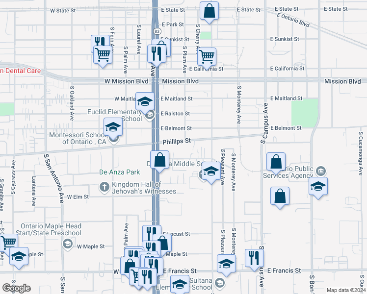 map of restaurants, bars, coffee shops, grocery stores, and more near 306 East Phillips Street in Ontario