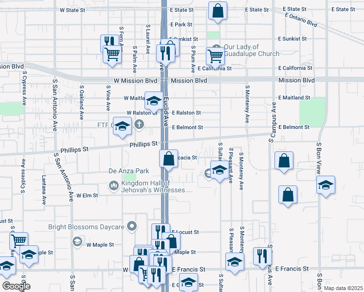 map of restaurants, bars, coffee shops, grocery stores, and more near 200 East Phillips Street in Ontario